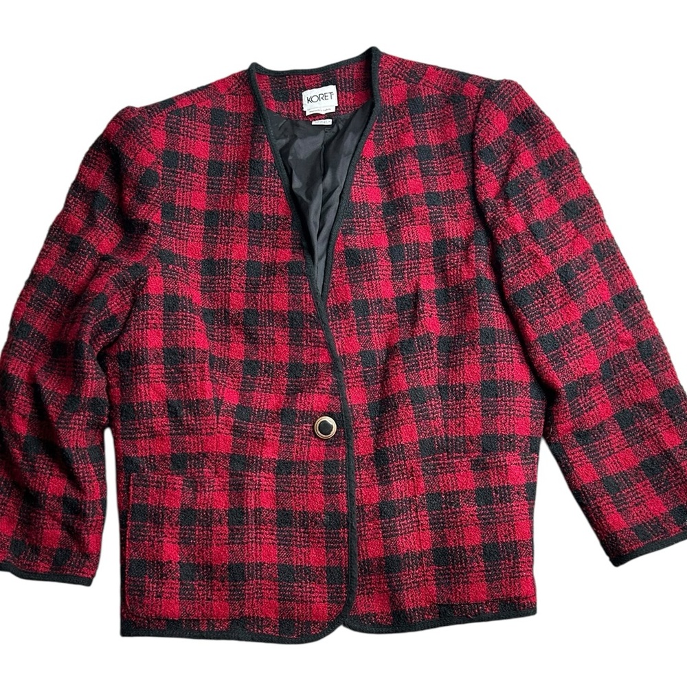 Vintage Koret Women’s Blazer Jacket Red Black Plaid Wool Blend Lined Size 24W‎